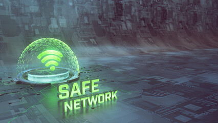 Safe Network: 3D Holographic WiFi Icon with Green Neon Shield in a Vast Digital Tech Environment