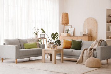 Interior of light living room with grey sofas, table and Monstera houseplant