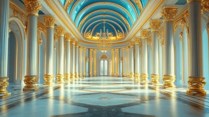 Obraz premium Grand golden hall interior luxurious palace architectural design opulent environment wide-angle view aesthetic elegance