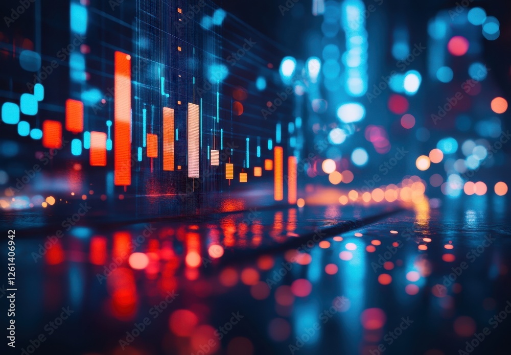 Poster abstract financial data visualization with colorful bar graphs and sparkling lights displaying marke
