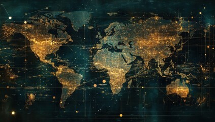 Fototapeta premium Abstract World Map with Illuminated Cities and Digital Network Connections Representing Global Technology and Connectivity