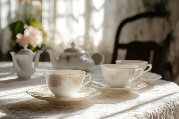 Sunny morning tea party; antique china; lace tablecloth; vintage room