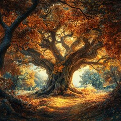 Naklejka premium Majestic autumn tree enchanted forest nature photography tranquil environment ground level serenity and beauty