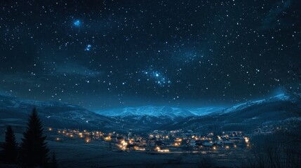 Starry night village, Tranquil illuminated settlement under the celestial canvas