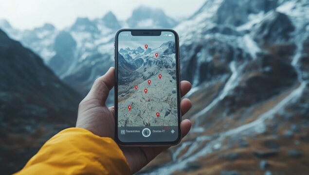 Handheld map app, mountain peaks, augmented reality, outdoor adventure