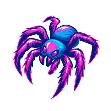 Neon blue pink tarantulla right side Head, fire mode, Gaming Logo Design isolated at white background