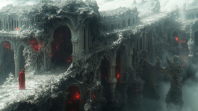 haunting digital artwork of ancient gothic ruins shrouded in mist and darkness. Hooded figures walk along grand bridges and decayed structures, evoking a sense of mystery and the supernatural. The eer