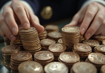 Close-Up of Hands Counting Stacks of Copper Coins on a Glass Surface for Financial or Investment Concepts in an Office Setting