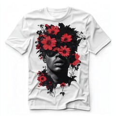 Artistic T-shirt Design Featuring Floral Elements and Portrait