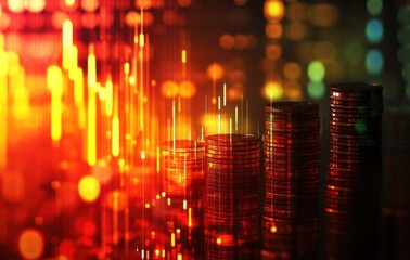 Obraz premium Colorful digital background featuring stacks of coins representing financial growth, investment trends, and abstract data visualization concepts in economy