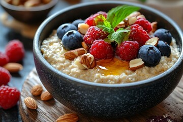 Healthy oatmeal breakfast bowl with berries, almonds, and honey