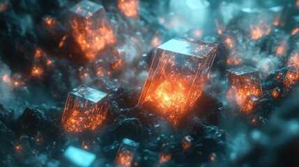 Obraz premium Glowing crystals emerge from dark volcanic rock