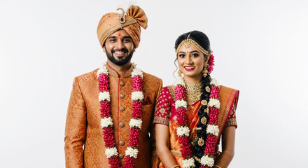 happy Newly married Indian couple wearing traditional Indian wedding clothing and flower garland, for Indian wedding, wedding dresses,  fashion related concept, white background, copy space      