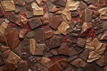 Assorted broken chocolate pieces, scattered, on dark surface
