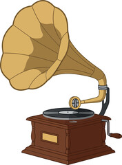 Antique gramophone with a large horn in flat design style, showcasing detailed vector art