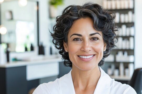 Smiling mature hispanic female in hair salon setting