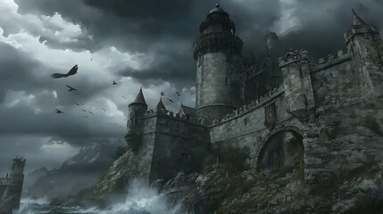 Naklejka premium Coastal Castle Stormy Seascape; Birds Flying; Dramatic Clouds; Fantasy Game Art