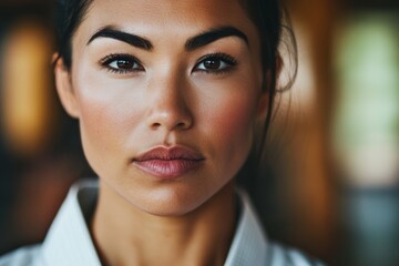 Confident young hispanic female martial artist in focused stance