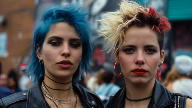 Portrait of two beautiful punk girls with colored dyed hair. Punk style. Urban tribes.