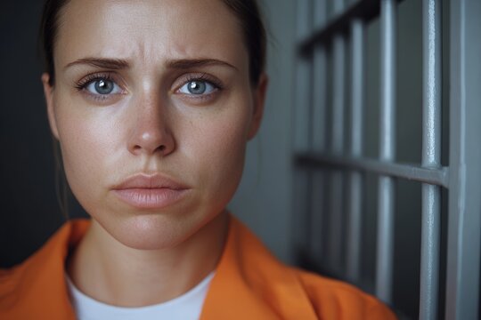 Concerned female prisoner behind bars in orange jumpsuit