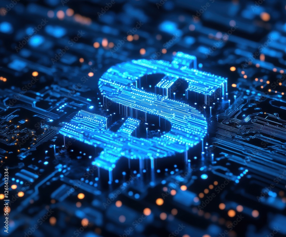 Poster digital dollar symbol illuminated on circuit board background representing modern finance and techno