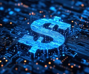 Digital Dollar Symbol Illuminated on Circuit Board Background Representing Modern Finance and Technology Integration in a High-Tech Environment