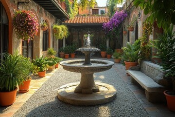 Serene courtyard fountain, lush plants, terracotta pots.