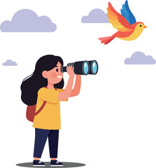 Young girl watching colorful bird through binoculars in flat vector art style illustration
