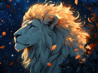Majestic lion, glowing mane, starry night, autumn leaves.