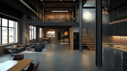 Spacious modern loft apartment with exposed brick and industrial design elements