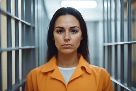 Serious hispanic female adult in orange prison jumpsuit behind bars