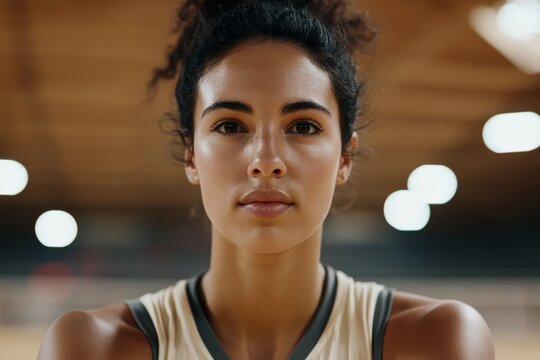 Young hispanic female basketball player in gym with focused expression