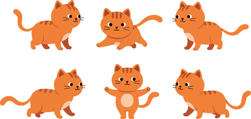 Fototapeta premium Playful orange cats in various poses with flat design style showcasing movement and expression in vector art