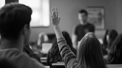 Engaged student raising hand during monochrome classroom session