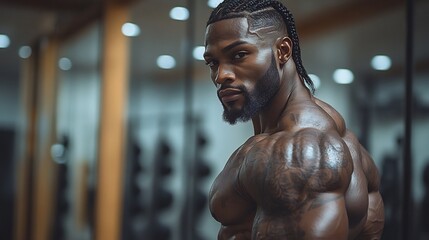 Bodybuilder flexing in front of a mirror in a fully equipped gym showcasing toned muscles and definition