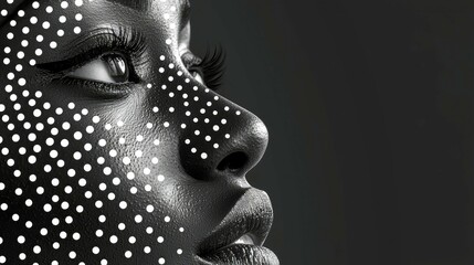 Obraz premium Monochrome Beauty: A Black and White Portrait of a Woman with Dotted Makeup