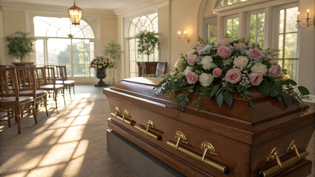 Funeral Chapel Interior with Coffin and Floral Tribute for Memorial Service Advertising, Obituary Design, Funeral Home Websites, and Bereavement Content