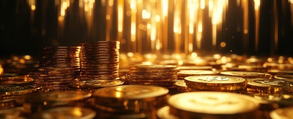Obraz premium Glimmering Golden Coins Stacked with Soft Bokeh Light Background for Financial Themes and Wealth Concepts