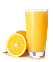 Glass of tasty juice and fresh oranges on white background