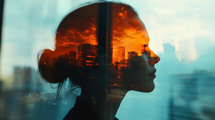 double exposure portrait of woman, inside silhouette is backlit business woman looking out onto business sector of city skyling from window