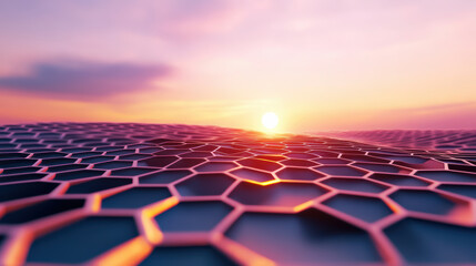 Naklejka premium stunning 3D rendering of hexagonal grid under vibrant sunset, showcasing intricate patterns and warm colors that evoke sense of tranquility and wonder