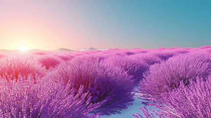 Fototapeta premium Sunrise over Lavender Field, Mountain backdrop, Peaceful Scene, Provence-style landscape, ideal for calming imagery
