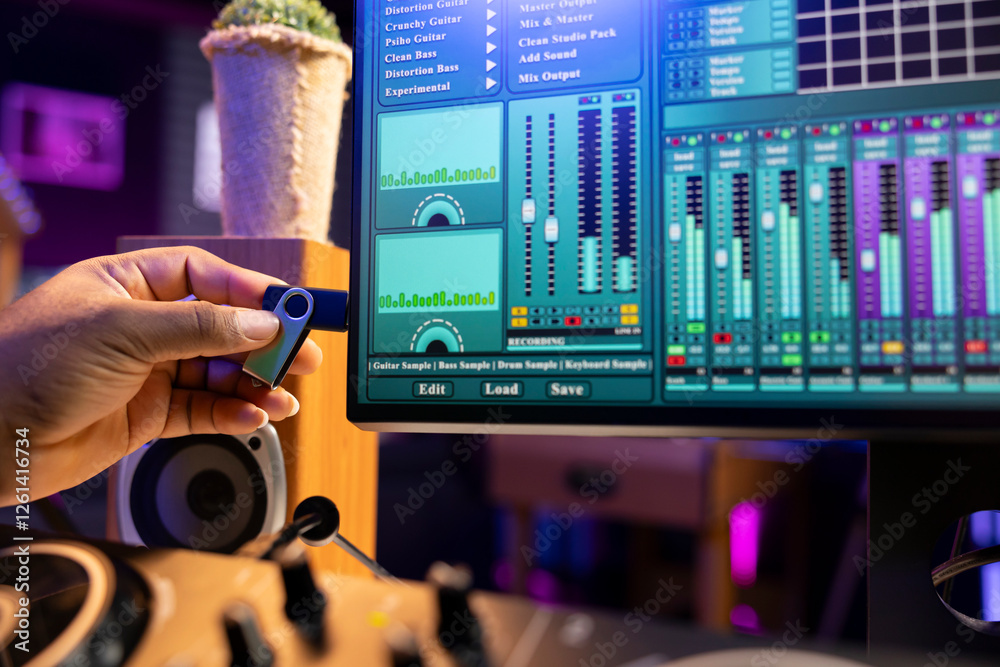 Poster Sound designer copying audio recordings from an usb stick to start editing the tracks in post production, workstation in home studio. Mixing and mastering songs for the music industry. Close up.