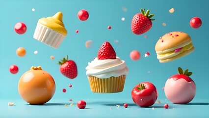 floating desserts and fruits .bright turquoise background. A cupcake with cream and a strawberry on top is central, surrounded by macarons, candies, strawberries, and glossy,  glossy, spherical treats