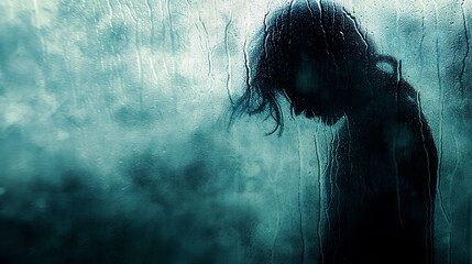 A person leans against a misted window, silhouette is barely visible as droplets run down the glass, creating a sense of isolation in a rainy atmosphere - Depression concept - Generative AI