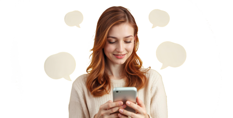 young woman with a cellphone, message, messaging, white background, transparent png