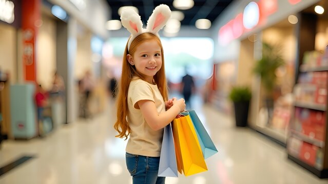 Girl with long bloond hair and a smile on her face. She is dressed in a beige T -shirt and blue jeans. On her head, white fluffy rabbit ears. Easter shopping mood. Girl holding Shopping bags, girl in 