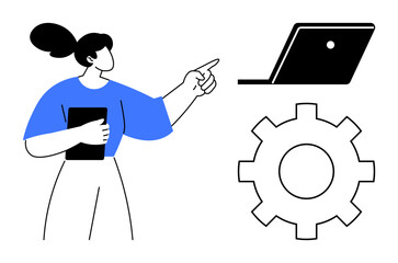 Woman holds tablet and points at laptop, next to large gear. Ideal for digital transformation, project management, workflow optimization, technology integration, business planning, strategic
