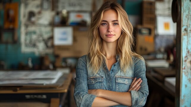 An Image Of A Lady Businesswoman Standing Outside A Printing Factory With Her Arms Crossed