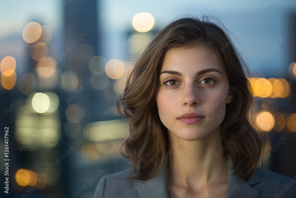 Wall mural Young caucasian female in urban evening setting with city lights bokeh